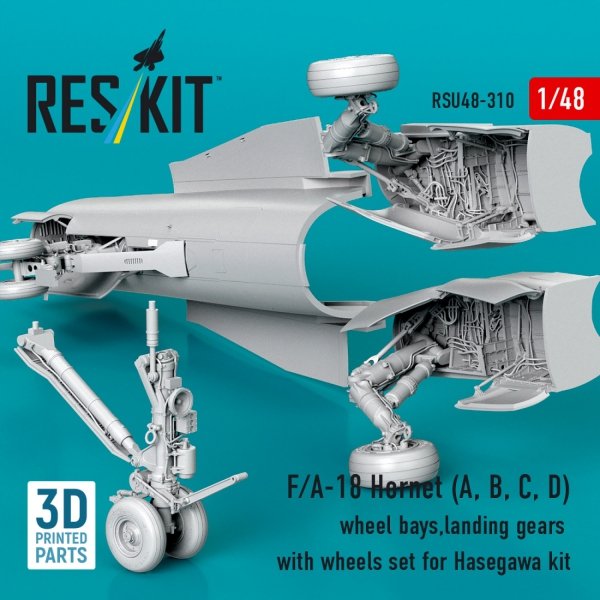 RESKIT RSU48-0310 F/A-18 Hornet (A, B, C, D) wheel bays, landing gears with wheels set for Hasegawa kit (3D Printed) (1/48)