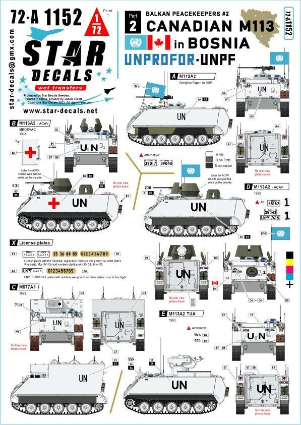 Star Decals 72-A1152 Canadian M113 in Bosnia. Balkan Peacekeepers # 14. M113A2, M113A2 ACAV, M577A1 and M113A2 TUA 1/72