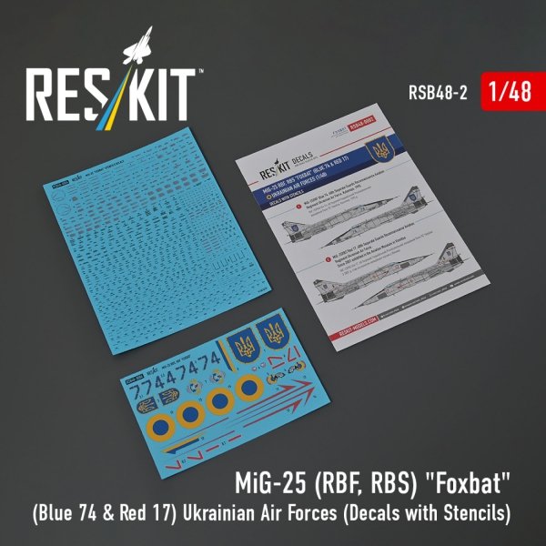 RESKIT RSB48-0002 MiG-25RBF, RBS "Foxbat" (Blue 74 &amp; Red 17) Ukrainian Air Forces (Decals with Stencils) 1/48