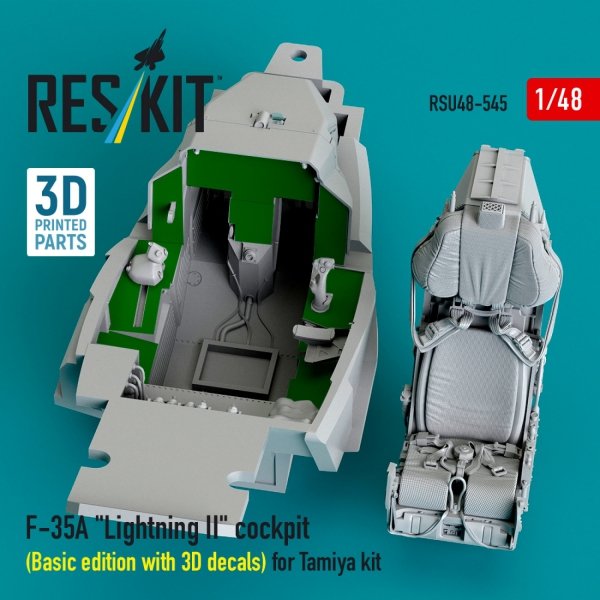 RESKIT RSU48-0545 F-35A "Lightning II" cockpit (Basic edition with 3D decals) for Tamiya kit (3D Printed) (1/48)