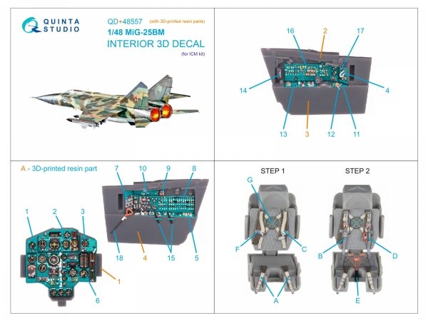 Quinta Studio QD+48557 MiG-25BM 3D-Printed &amp; coloured Interior on decal paper (ICM) (with 3D-printed resin parts) 1/48