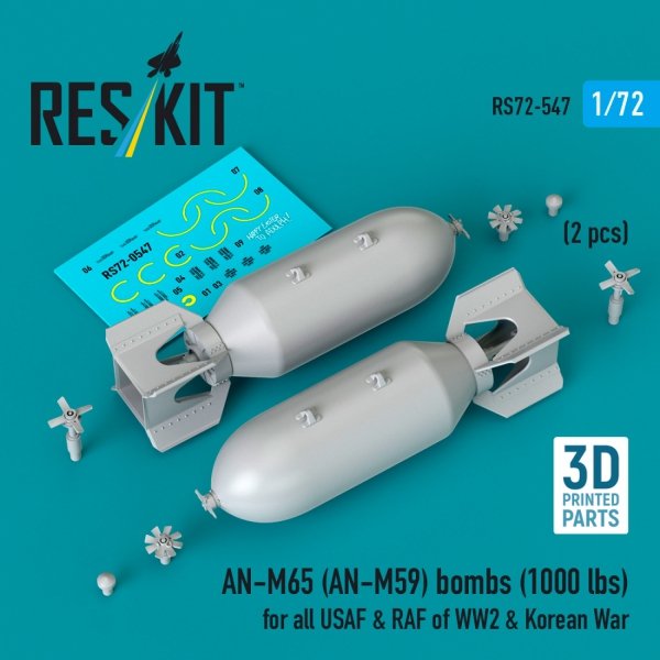 RESKIT RS72-0547 AN-M65 (AN-M59) bombs (1000 lbs) for all USAF &amp; RAF of WW2 &amp; Korean War (2 pcs) (3D Printed) 1/72