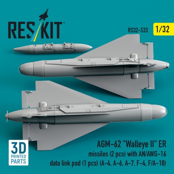 RESKIT RS32-0533 AGM-62 "Walleye II" ER missiles (2 pcs) with AN/AWG-16 data link pod (1 pcs) (A-4, A-6, A-7, F-4, F/A-18) (3D Printed) (1/32)