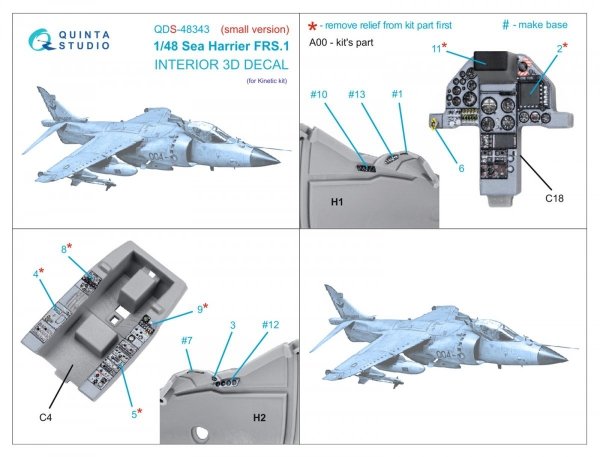 Quinta Studio QDS48343 Sea Harrier FRS.1 3D-Printed &amp; coloured Interior on decal paper (Kinetic) (Small version) 1/48