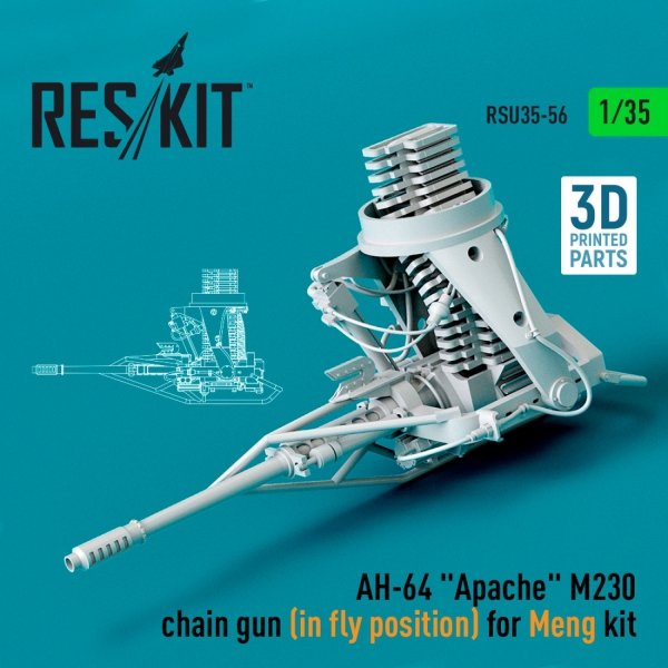 RESKIT RSU35-0056 AH-64 &quot;APACHE&quot; M230 CHAIN GUN (IN FLY POSITION) FOR MENG KIT (3D PRINTED) 1/35
