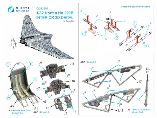 Quinta Studio QD32254 Horten Ho 229B 3D-Printed &amp; coloured Interior on decal paper (Takom) 1/32