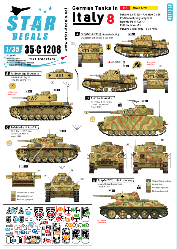 Star Decals 35-C1208 German tanks in Italy # 8 Mixed AFVs 1/35