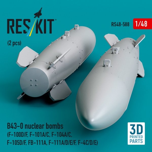 RESKIT RS48-0588 B43-0 nuclear bombs (2 pcs) (F-100D/F, F-101A/C, F-104A/C, F-105D/F, FB-111A, F-111A/D/E/F, F-4C/D/E) (3D Printed) (1/48)