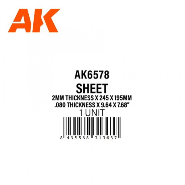 AK Interactive AK6578 2MM THICKNESS X 245 X 195MM – STYRENE SHEET – (1 UNITS)