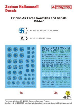 Techmod 48074 - Finnish Air Force Swastikas and Serials 1944-45 (1:48)