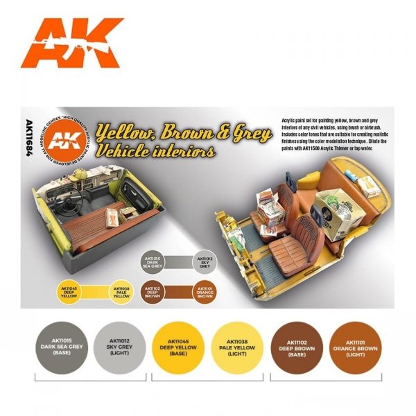 AK Interactive AK11684 YELLOW, BROWN &amp; GREY VEHICLE INTERIORS 6x17 ml