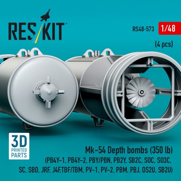 RESKIT RS48-0573 Mk-54 Depth bombs (350 lb) (4 pcs) (PB4Y-1, PB4Y-2, PBY/PBN, PB2Y, SB2C, SOC, SO3C, SC, SBD, JRF, J4F, TBF/TBM, PV-1, PV-2, PBM, PBJ, OS2U, SB2U) (3D Printed) (1/48)