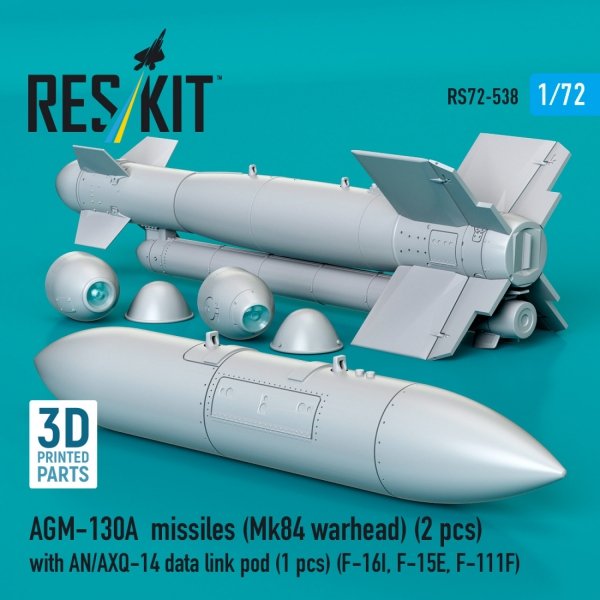 RESKIT RS72-0538 AGM-130A missiles (Mk84 warhead) (2 pcs) with AN/AXQ-14 data link pod (1 pcs) (3D Printed) 1/72