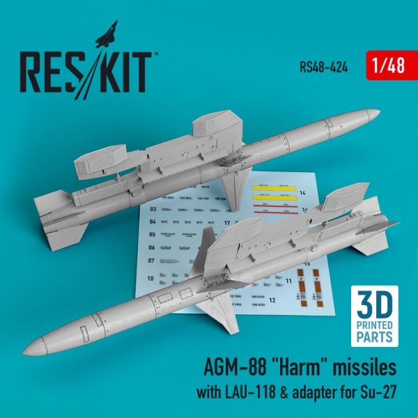 RESKIT RS48-0424 AGM-88 &quot;HARM&quot; MISSILES WITH LAU-118 &amp; ADAPTER FOR SU-27 (2 PCS) 1/48
