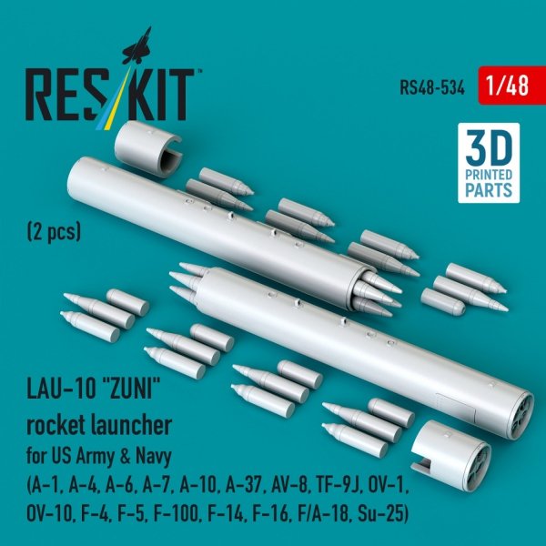 RESKIT RS48-0534 LAU-10 "ZUNI" rocket launcher for US Army &amp; Navy (2 pcs) (A-1, A-4, A-6, A-7, A-10, A-37, AV-8, TF-9J, OV-1, OV-10, F-4, F-5, F-100, F-14, F-16, F/A-18, Su-25) (3D Printed) (1/48)