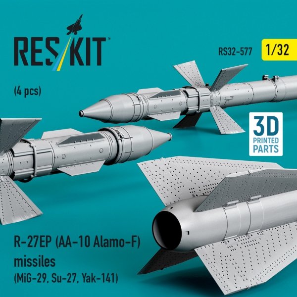 RESKIT RS32-0577 R-27EP (AA-10 Alamo-F) missiles (4 pcs) (MiG-29, Su-27, Yak-141) (3D Printed) (1/32)
