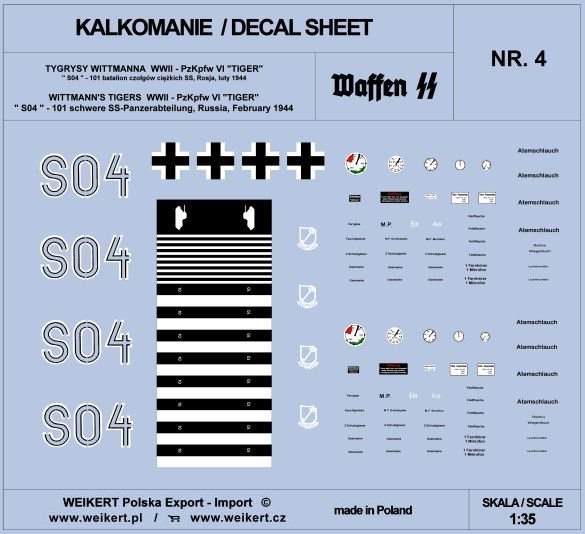 Weikert Decals DEC204 TIGER I - czołg S04 - 101 batalion czołgów ciężkich SS, Rosja, luty 1944 - vol.4 1/35