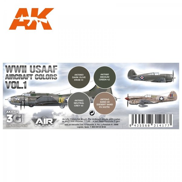 AK Interactive AK11732 WWII USAAF AIRCRAFT COLORS VOL.1 3x17 ml