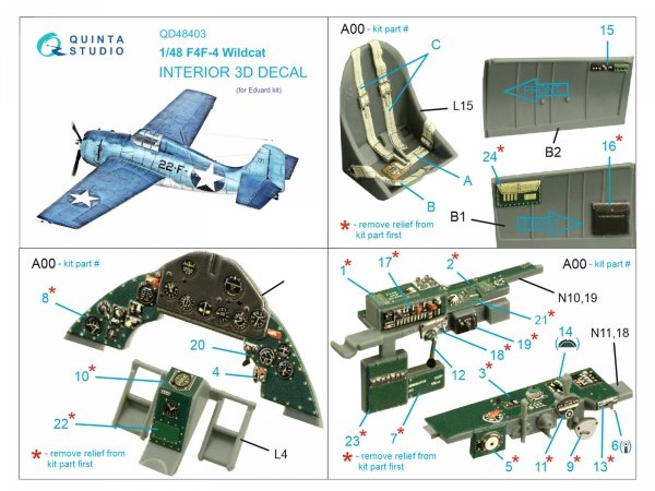 Quinta Studio QD48403 F4F-4 Wildcat 3D-Printed &amp; coloured Interior on decal paper (Eduard) 1/48