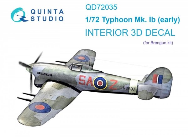 Quinta Studio QD72035 Hawker Typhoon Mk.1b (early) 3D-Printed &amp; coloured Interior on decal paper (Brengun) 1/72