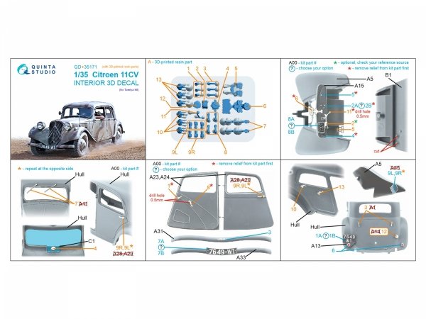 Quinta Studio QD+35171 Citroen 11CV 3D-Printed &amp; coloured Interior on decal paper (Tamiya) (with 3D-printed resin parts) 1/35