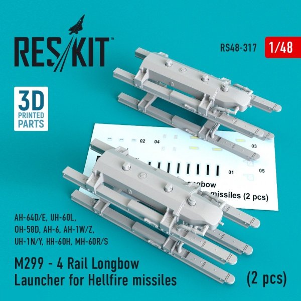 RESKIT RS48-0317 M299 - 4 RAIL LONGBOW LAUNCHER FOR HELLFIRE MISSILES (2 PCS) 1/48