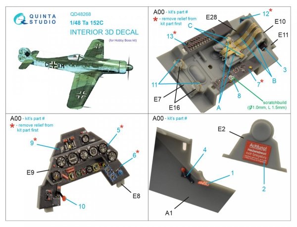 Quinta Studio QD48268 Ta 152C 3D-Printed &amp; coloured Interior on decal paper (Hobby Boss) 1/48