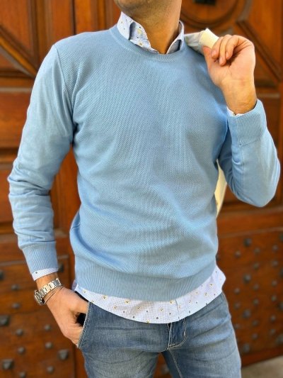 Maglione uomo - In cotone - Girocollo - Azzurro