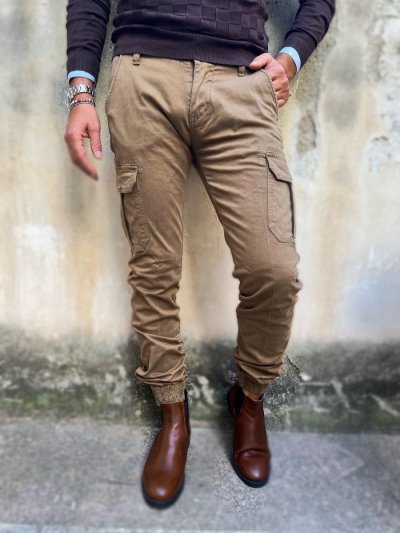 Spodnie męskie, model Cargo - Bojówki - kolor beżowy - Key Jey