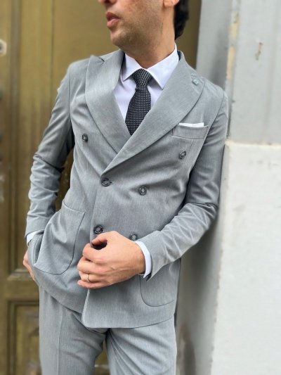 Elegancki garnitur męski dwurzędowy -  Szaroperłowy - Grey