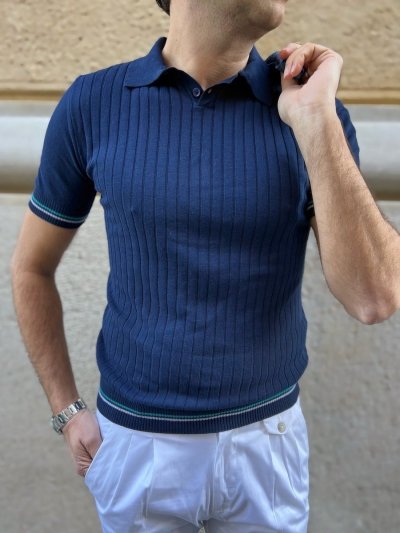 Męska koszulka polo - Niebieska - Krótki rękaw - Paul Miranda - Made in italy        