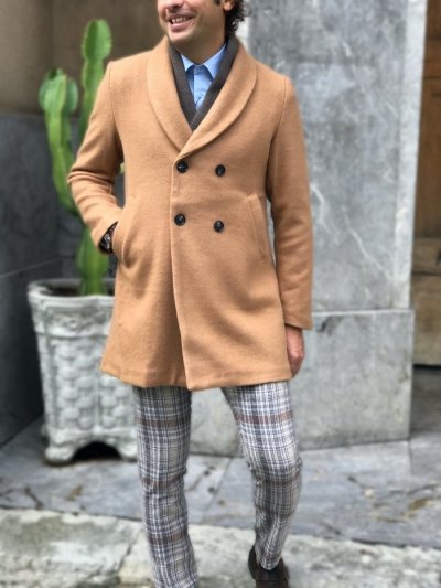  Palto męskie, dwurzędowe - Slim - kolor camelowy - Made in Italy