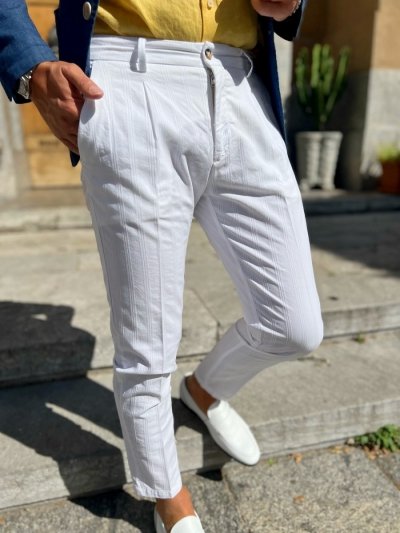  Męskie spodnie, z mankietami - Białe - Mieszanka bawełny i lnu - Paul Miranda