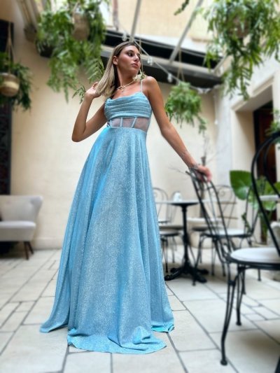 DUPLIKAT: DUPLIKAT: DUPLIKAT:  Elegancka sukienka wieczorowa - Długa - materiał brokatowy - Kolor błękitny