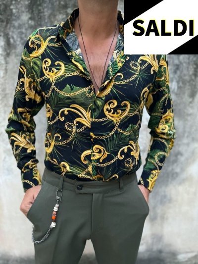 Koszula męska, ozdobny barokowy wzór w kolorze złoto zielonym – Made in Italy 