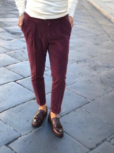  Spodnie męskie, Bordowe - z mankietami - model Chinos - Paul Miranda