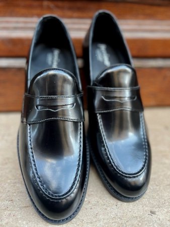 Buty męskie, skórzane - czarne - Penny Loafers - Made in Italy        