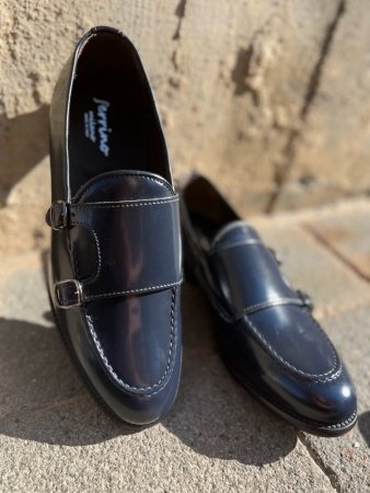 Męskie buty skórzane - ciemno niebieskie - Monki - Made in Italy