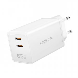 Ładowarka sieciowa LogiLink PA0367 USB GaN, 65 W, 2x USB-C (PD 3.0/QC 4.0), biała
