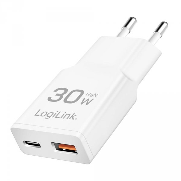 Ładowarka sieciowa LogiLink PA0348 USB GaN, 30 W, 1x USB-C (PD), 1x USB-A (QC), biała