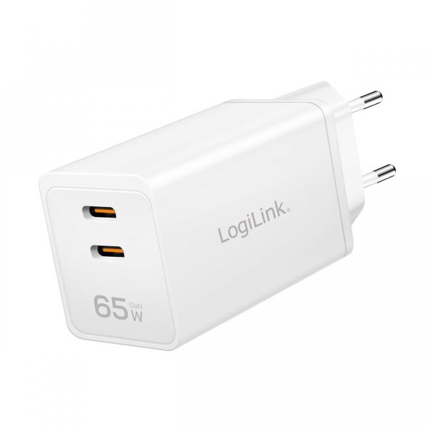 Ładowarka sieciowa LogiLink PA0367 USB GaN, 65 W, 2x USB-C (PD 3.0/QC 4.0), biała