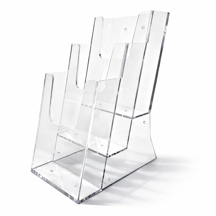 Stojak na ulotki DL 3 kieszenie z plexi – piętrowy podajnik 1/3 A4