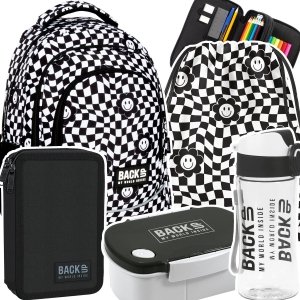 ZESTAW 5 el. Plecak szkolny młodzieżowy BackUP 26 L kratka, HAPPY FACE (PLB6X14SET5CZ)