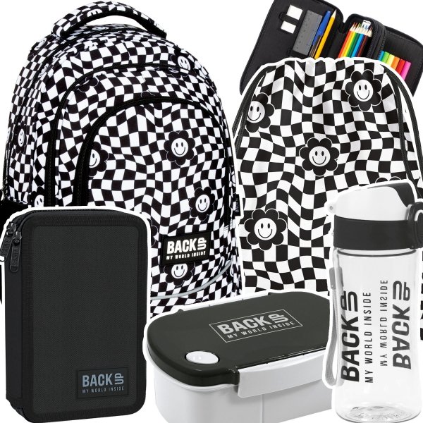 ZESTAW 5 el. Plecak szkolny młodzieżowy BackUP 26 L kratka, HAPPY FACE (PLB6X14SET5CZ)