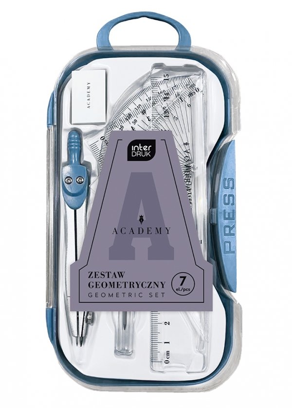 Zestaw geometryczny ACADEMY 7 el. cyrkiel linijka 15 cm NIEBIESKI (46827)