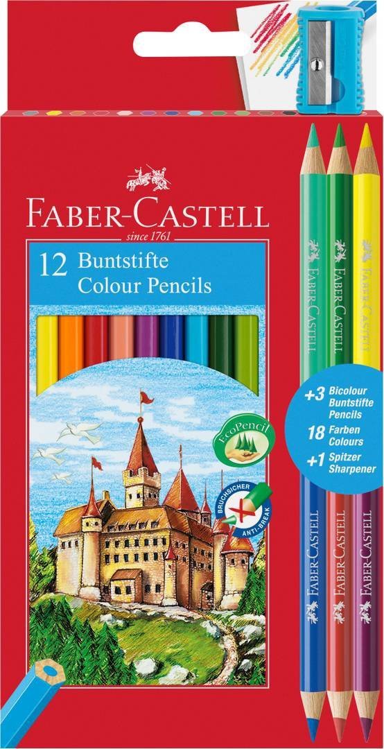 Kredki Zamek FABER CASTELL 12 kolorów + 3 kredki dwustronne + temperówka (FC110312)