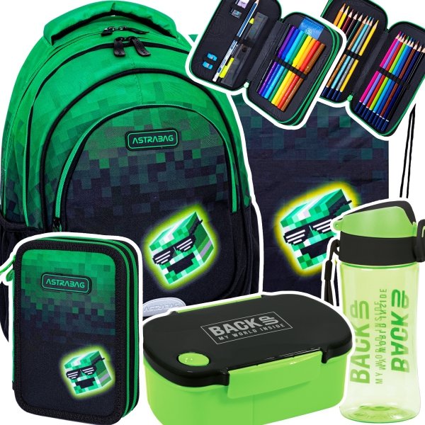 ZESTAW 5 el. Plecak wczesnoszkolny 16 L ASTRABAG MINECRAFT CREEP gra, PIXEL HERO (502024095SET5CZ)