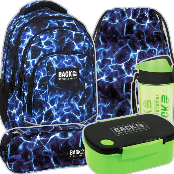 ZESTAW 5 el. Plecak szkolny młodzieżowy BackUP 26 L niebieskie wzory, SKY WATER (PLB6A47SET5CZ)