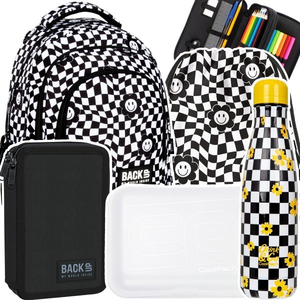 ZESTAW 5 el. Plecak szkolny młodzieżowy BackUP 26 L kratka, HAPPY FACE (PLB6X14SET5CZ)