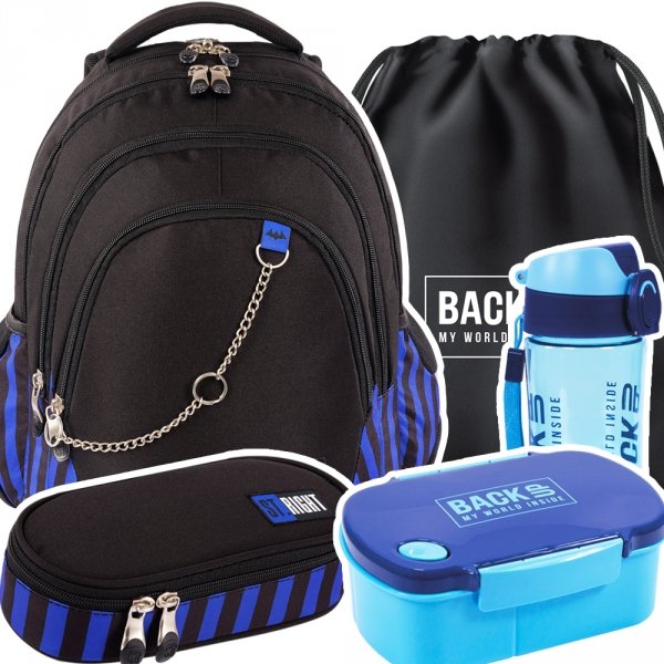 ZESTAW 5 el. Plecak szkolny młodzieżowy ST.RIGHT BLACK &amp; BLUE BP6 (67510SET5CZ)